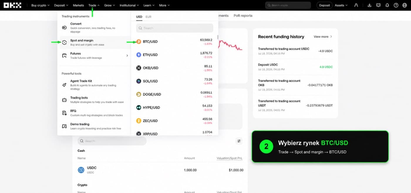 Menu OKX ze wskazaną ścieżką Trade, Spot and margin oraz BTC/USD